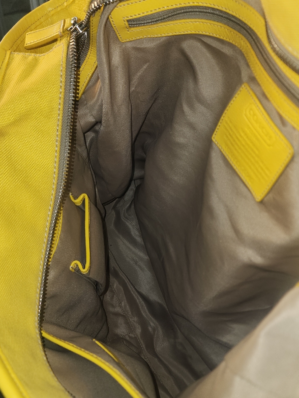 Coach Huge Yellow Canvas Tote Brown Leather Handles Travel Shoulder Strap Silver - Picture 10 of 17